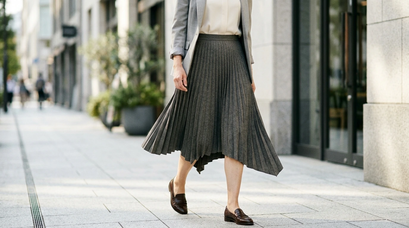 Asymmetrical Pleated Knee-Length Skirt Styling Guide